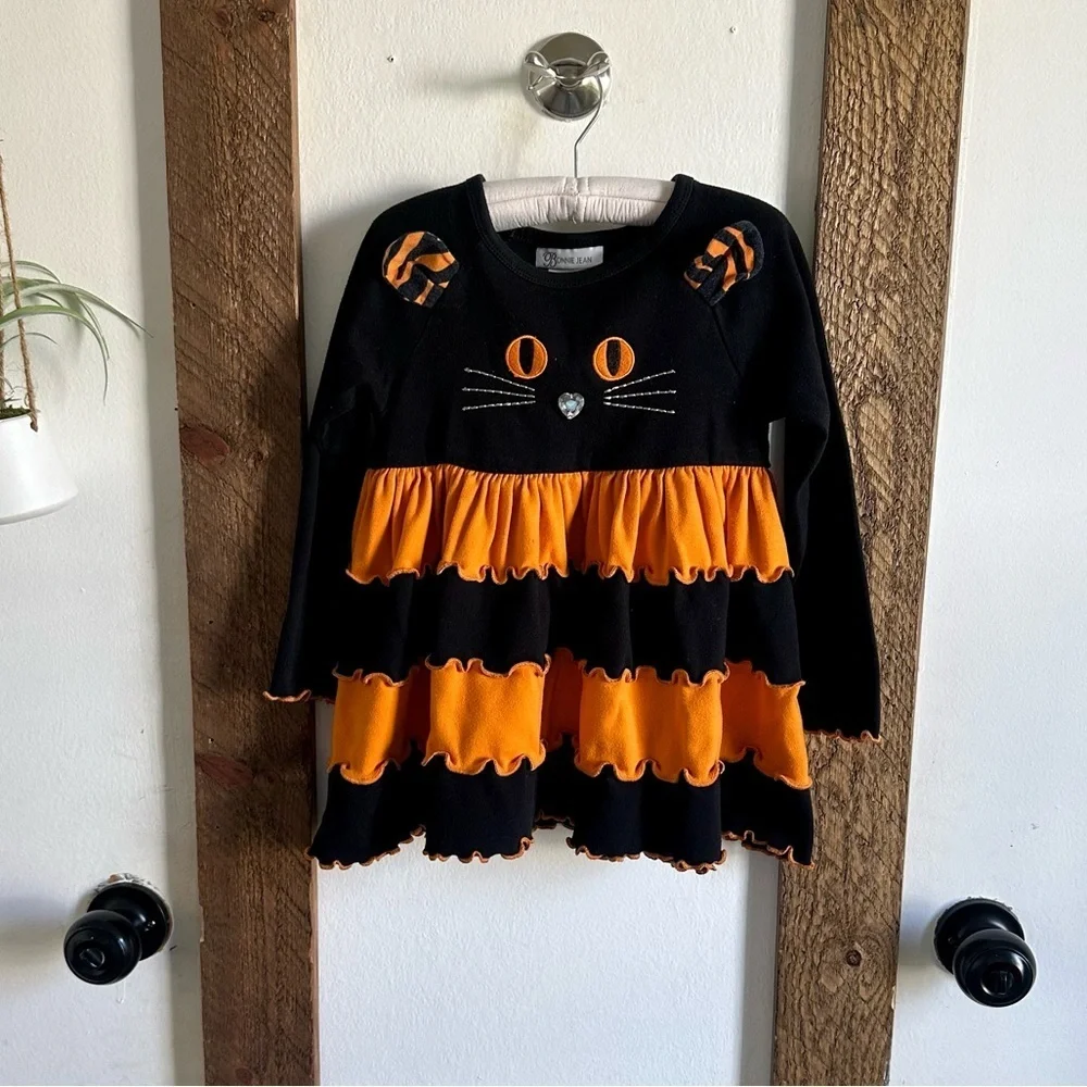 Bonnie Jean Girls Halloween Cat Orange Black Edge Knit Dress Size 6 So cute!